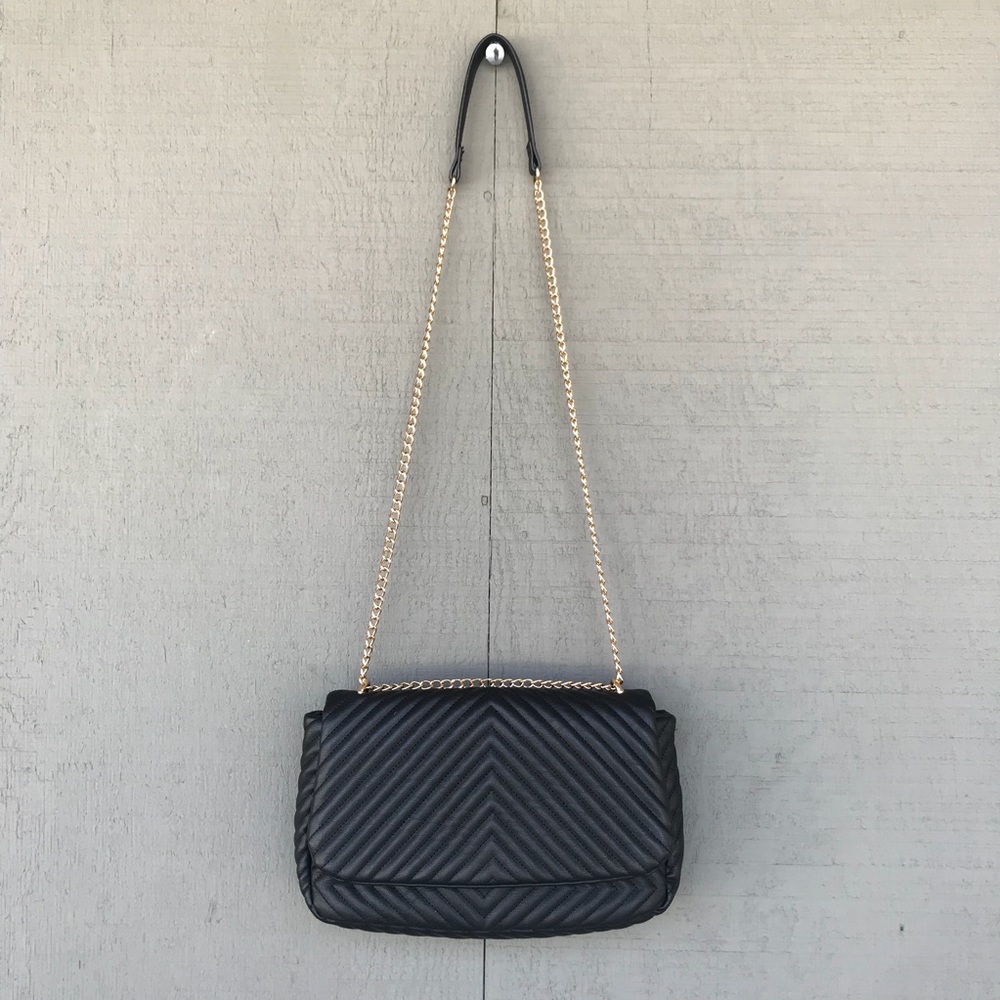 Gold Chain Black Faux Leather Crossbody Purse Bag